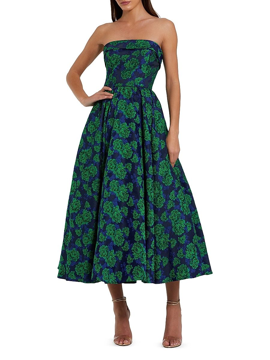 Women's Brocade Peony Strapless Cocktail Dress - Emerald Multi - Size 14