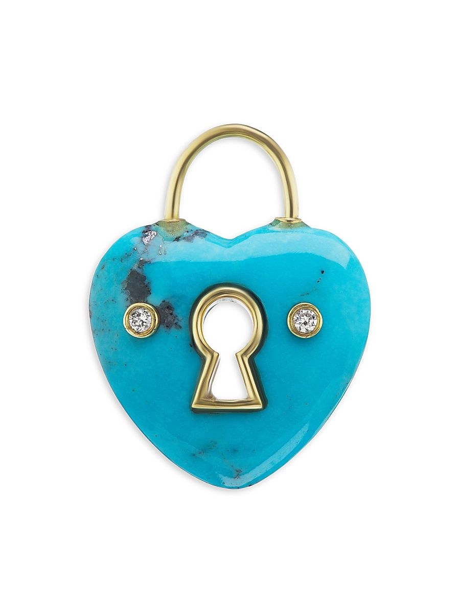 Women's 18K Yellow Gold, Turquoise & Diamond Heart Clasp Charm - Turquoise