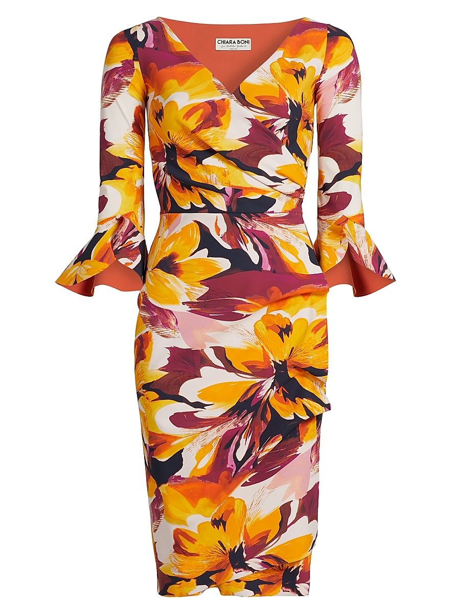 Women's Triana Floral Jersey Bell-Sleeve Midi-Dress - Abstract Flower Brown - Size 6