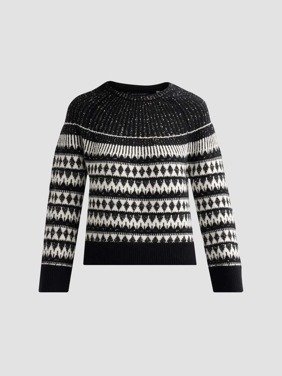 Elie Tahari Women's The Coco Fair Isle-Inspired Wool-Cashmere Crewneck Sweater - Noir - Size XL