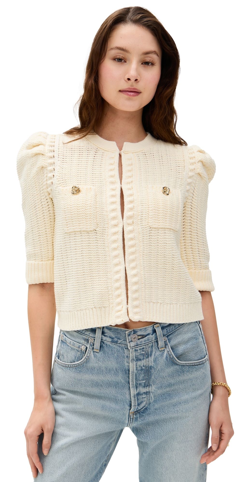 L'AGENCE Delilah Crop Textured Cardigan Vintage White/Gold Knot L