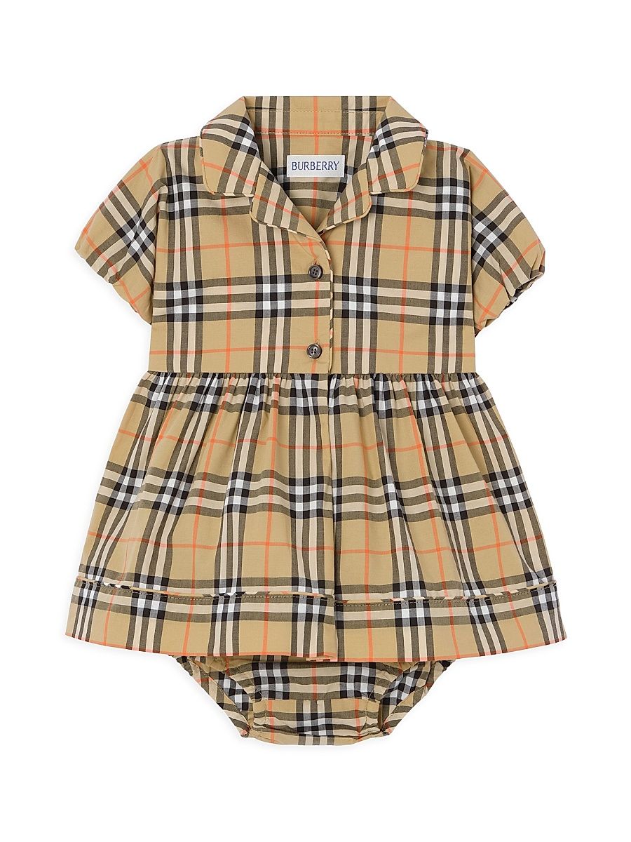 Baby Girl's Check Puff-Sleeve Dress & Bloomers Set - Sand - Size 12 Months