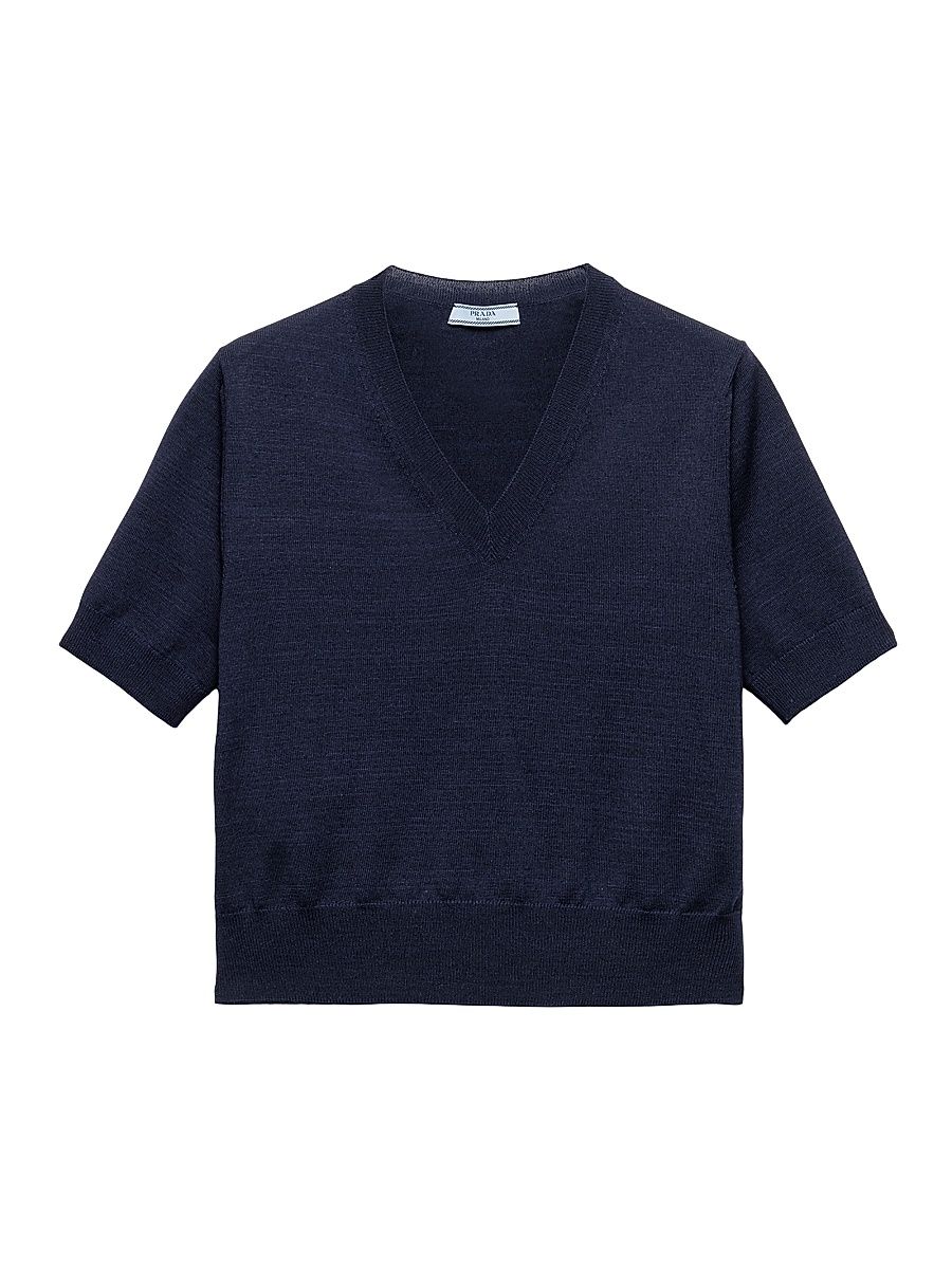 Women's V-Neck Wool Sweater - Blue - Size 2
