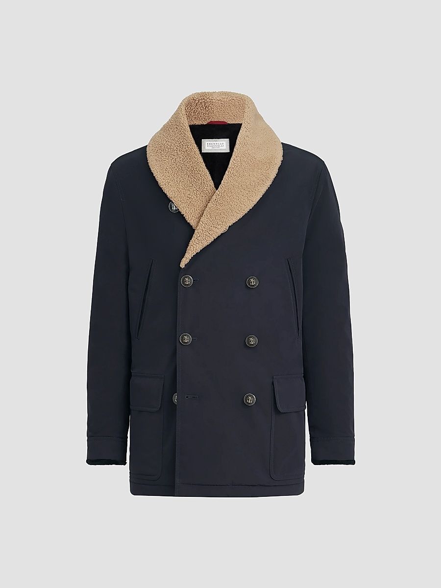 Men's Bonded Nylon Double-Breasted Coat with Shearling Lining - Navy Blue - Size 44