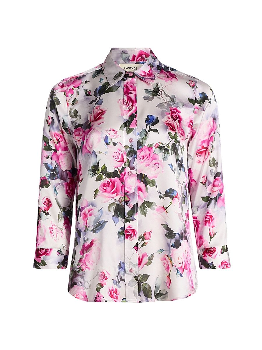Women's Dani Floral Three-Quarter-Length Sleeve Blouse - Pink Multi Water Rose - Size XXL