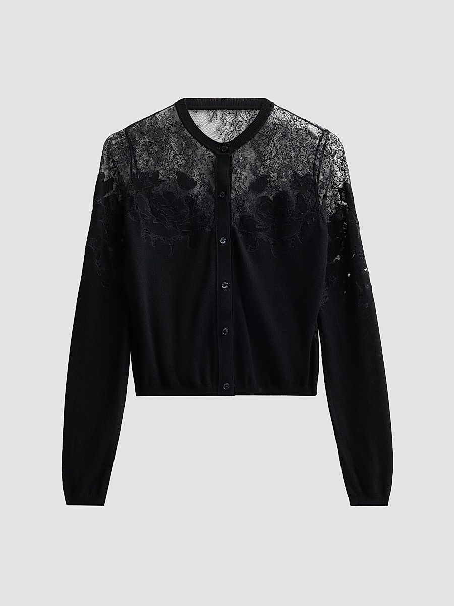 Women's Talia Merino Wool-Mesh Cardigan - Noir - Size Large