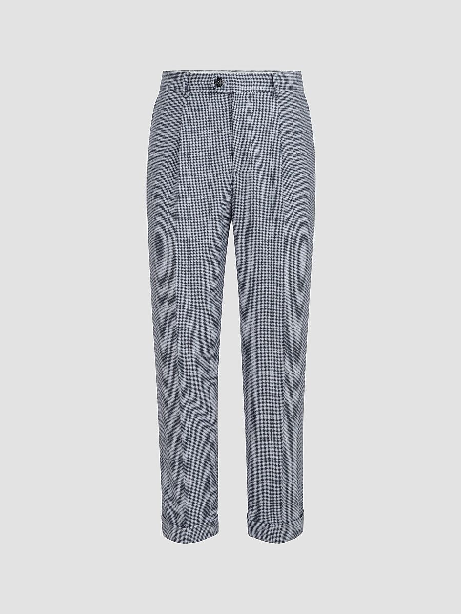 Men's Cashmere and Silk Houndstooth Flannel Trousers with Pleats - Cerulean - Size 46