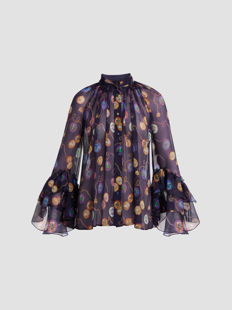 Etro Women's Silk Light Crepon Sheer Blouse - Blue Multicolor - Size 14