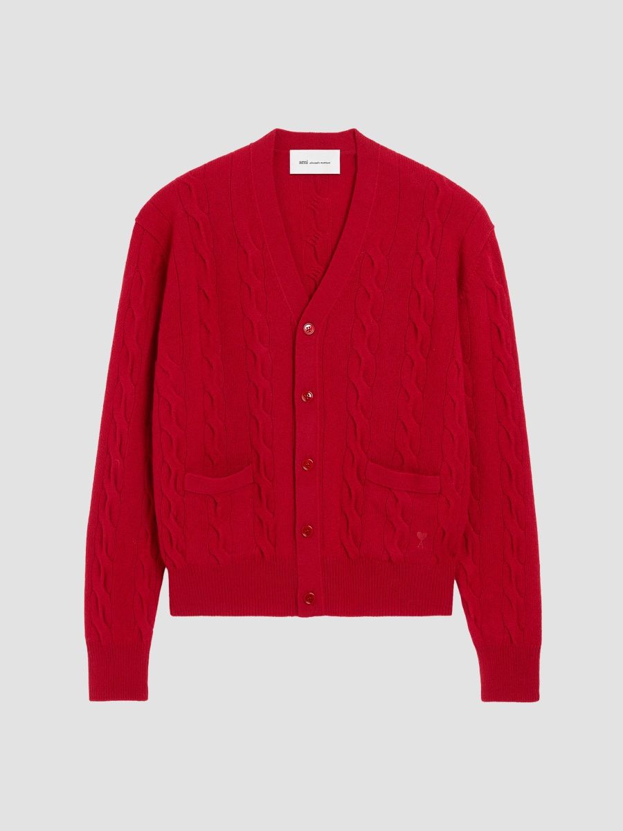 AMI Paris Women's Cable-Knit Wool Cardigan - Ruby Red - Size Medium