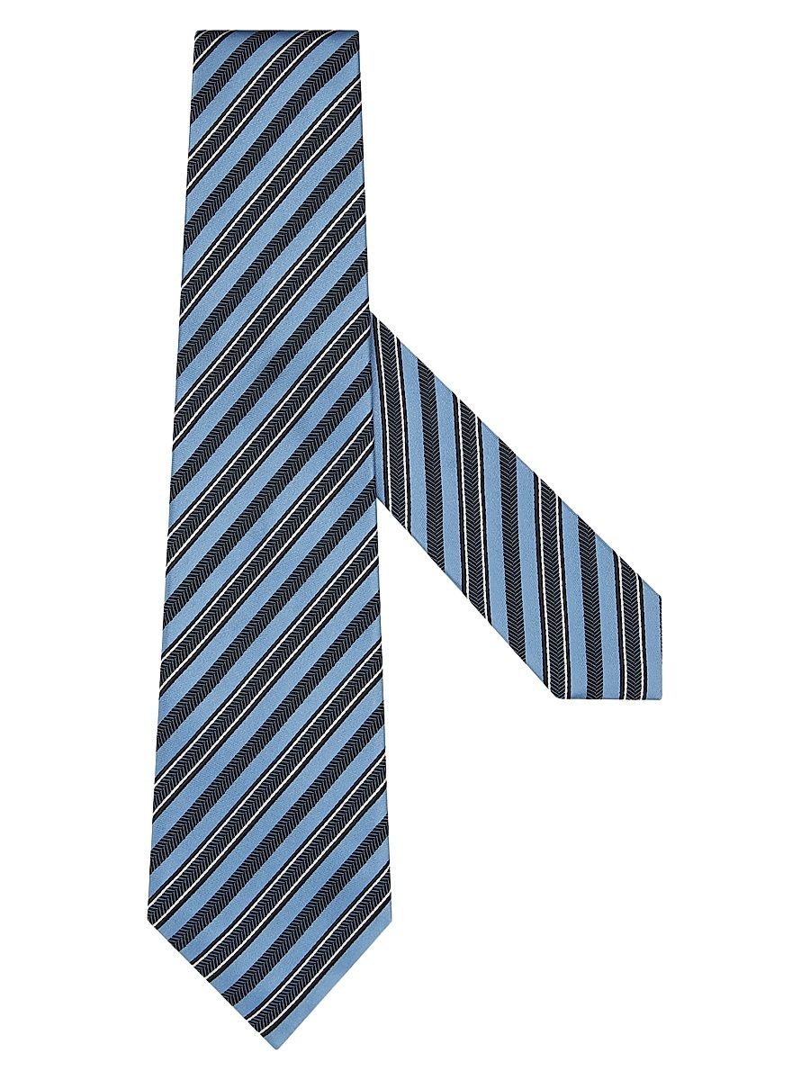 Men's Striped Silk and Cotton Tie - Light Blue