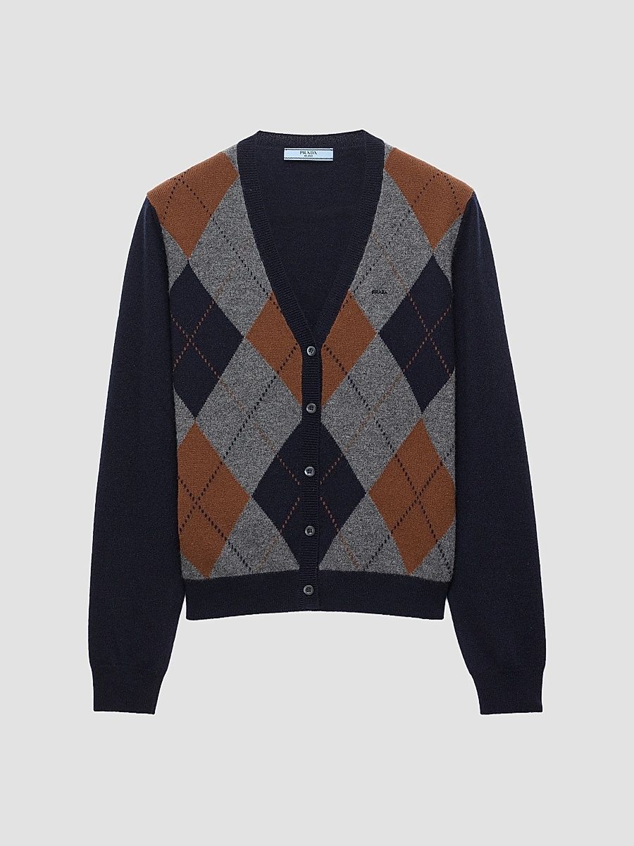 Women's Argyle Cashmere Cardigan - Blue Multi - Size 12