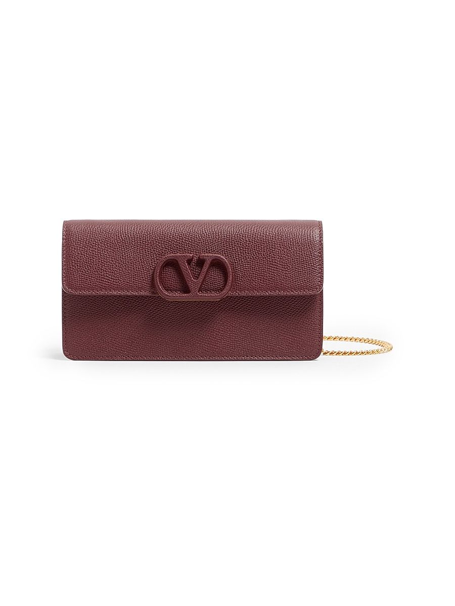 Women's VLogo Signature Grainy Calfskin Wallet with Chain - Maroon