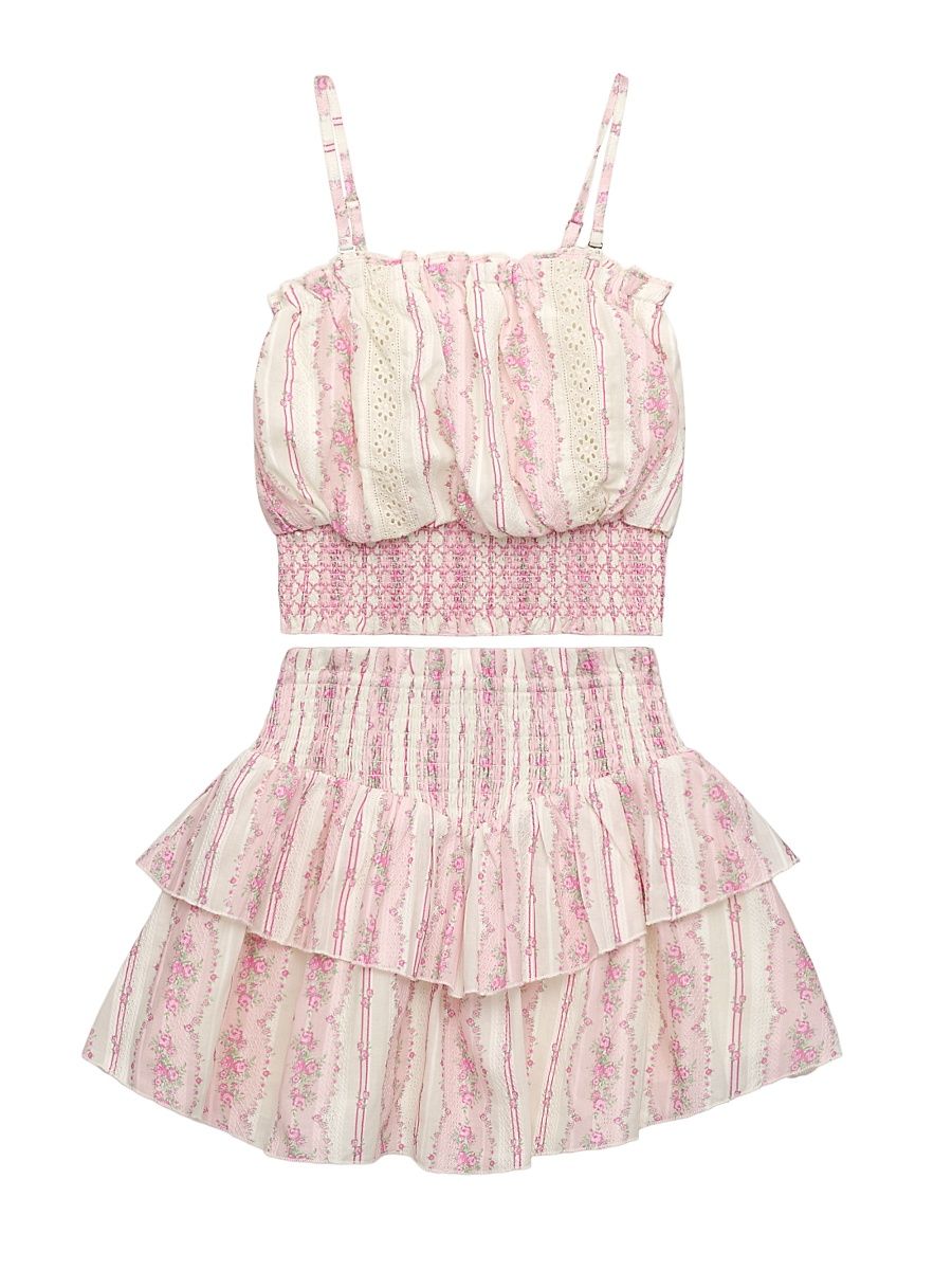 Girl's Brooke Floral Cotton Top & Skirt Set - Babypinkcottstrp - Size 14