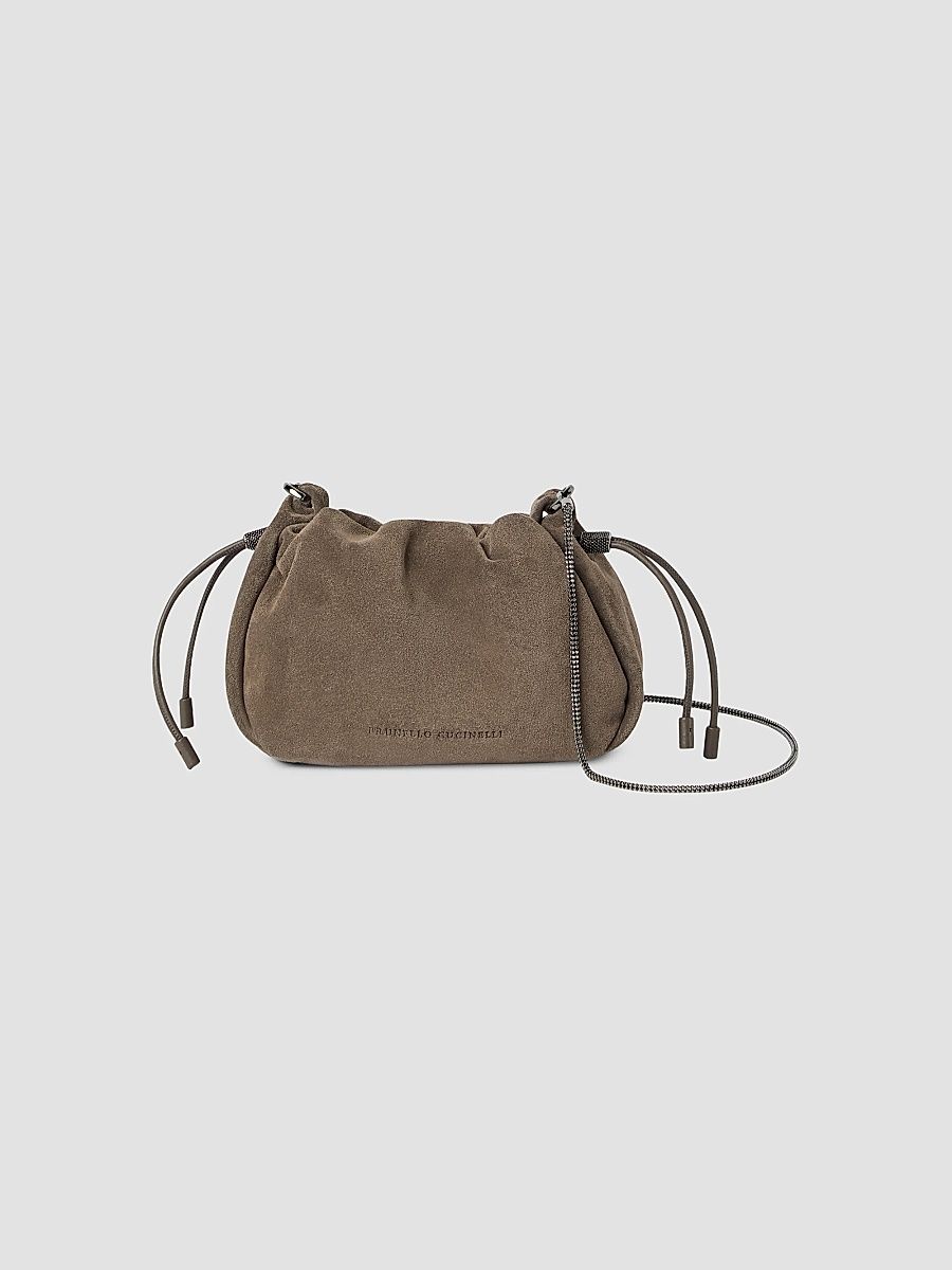 Women's Mellow Bucket Bag in Suede with Precious Chain - Light Brown