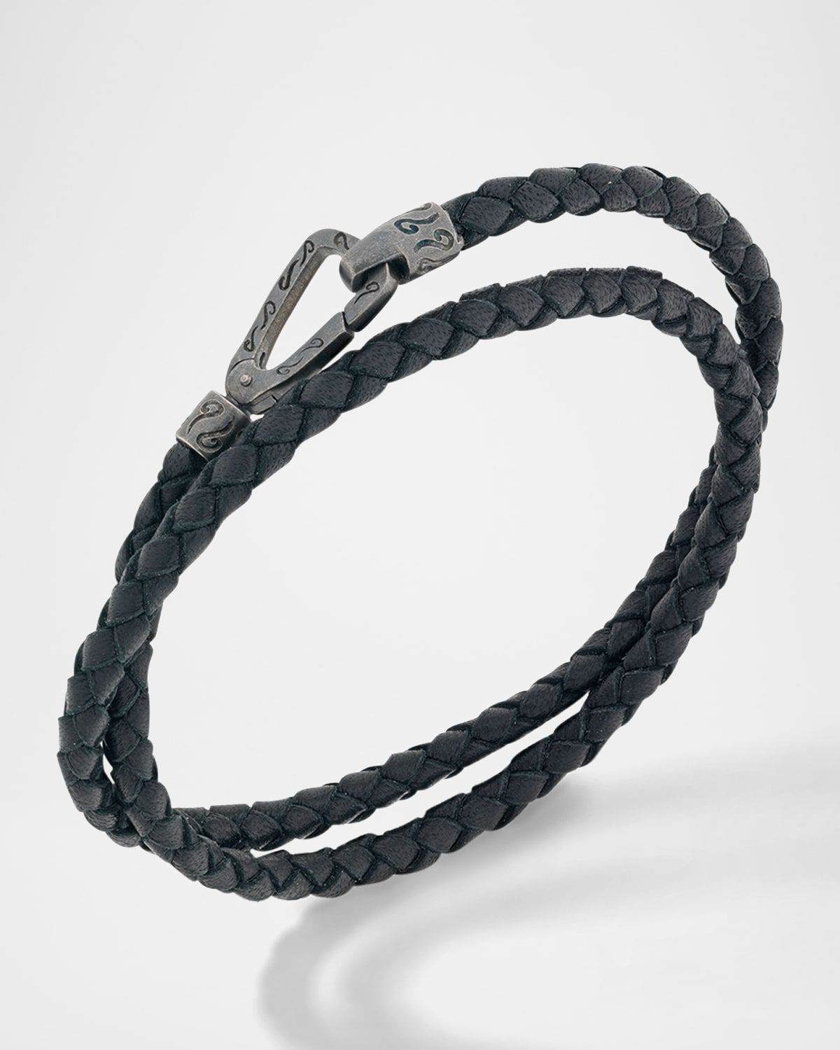 Men & apos;s Double Wrap Oxidized Silver and Woven Leather Bracelet