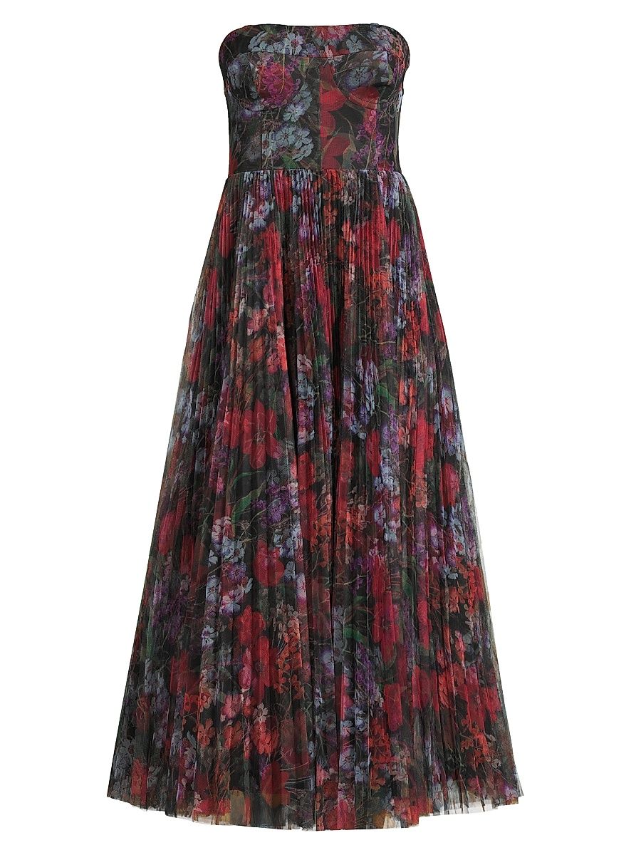 Women's Alba Floral Pleated Tulle Gown - Black Multi Winter Garden - Size 12