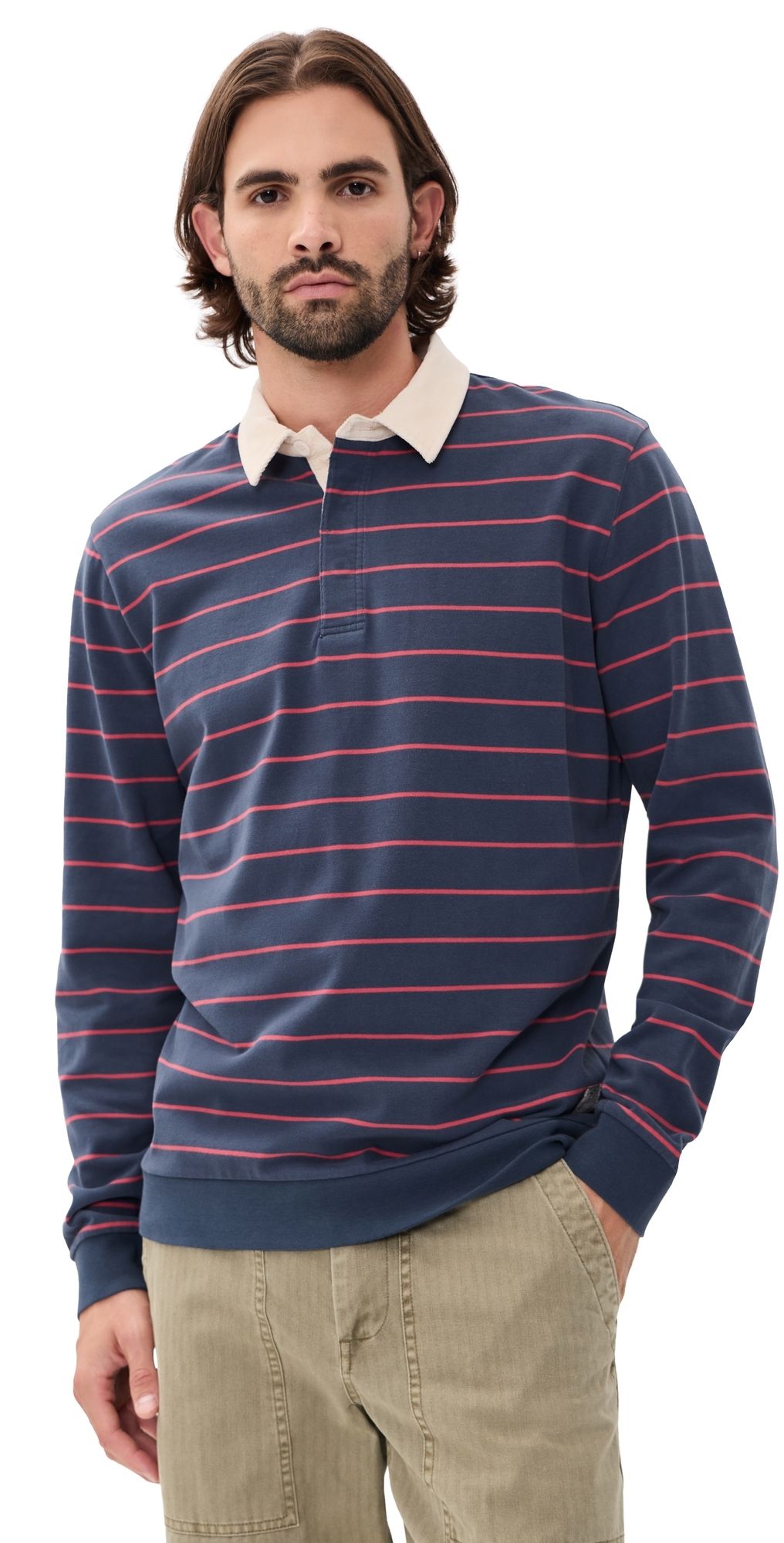 Marine Layer Sueded Rugby Polo Navy/Red Stripe S