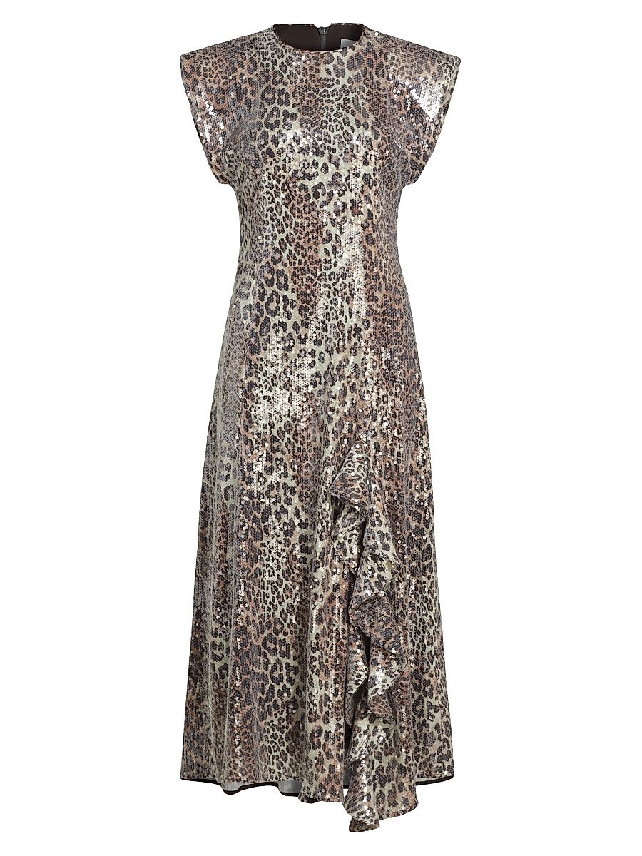 Women's Sequined Leopard Ruffle Midi-Dress - Leopard - Size 6