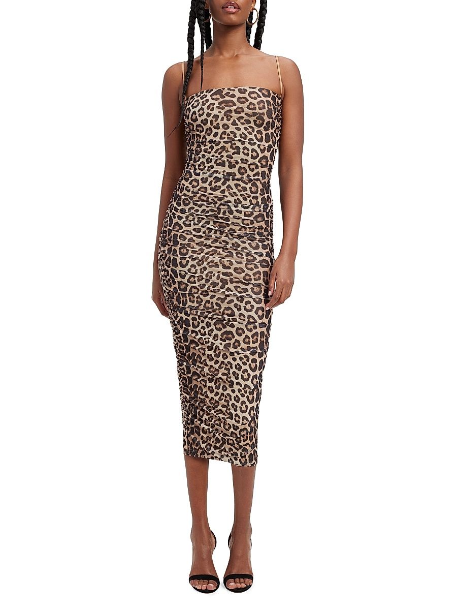 Women's Ruched Mesh Midi-Dress - Good Leopard - Size XXXXXL