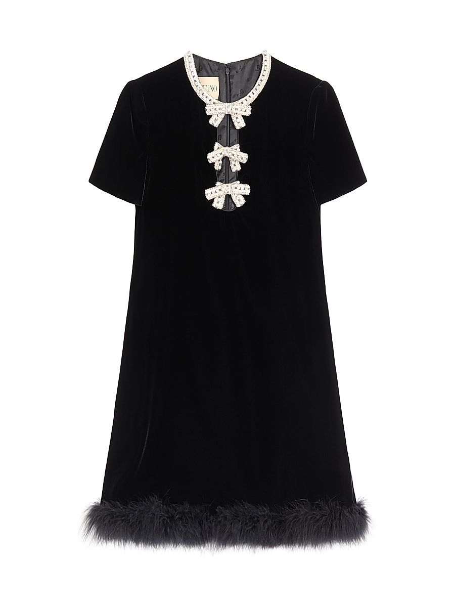Women's Short Dress in Embroidered Sablé Velvet - Black Silver - Size 8