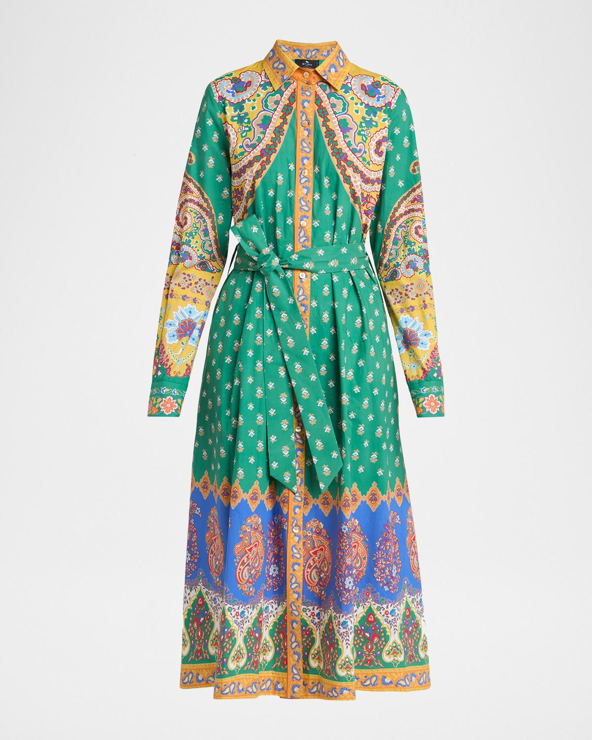 Belted Paisley Cotton Midi Shirtdress