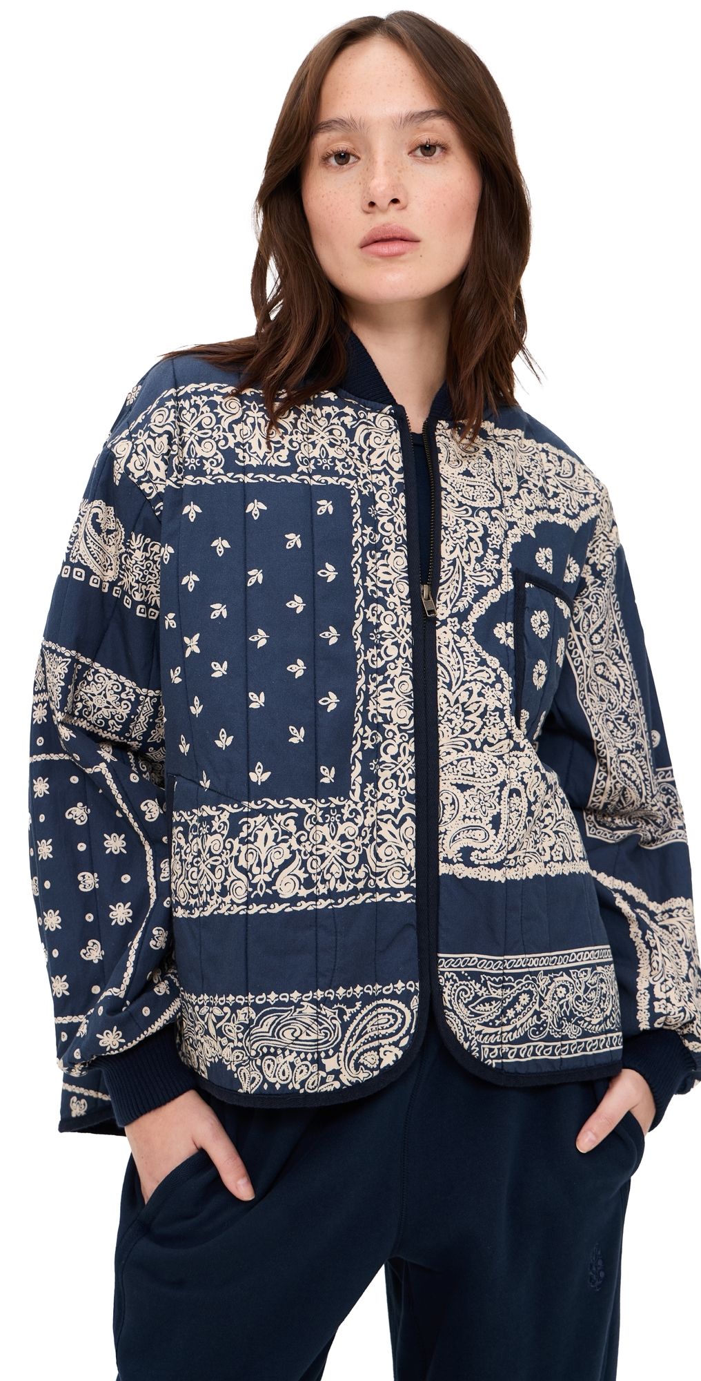 THE GREAT. The Quilted Bomber Jacket Navy Bandana Print 0
