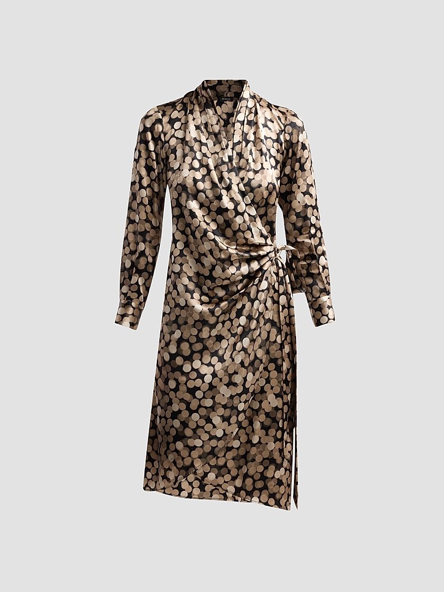 Women's Printed Silk Wrap Midi Dress - Black Sand - Size 10