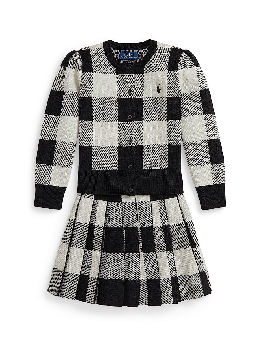 Little Girl's & Girl's 2-Piece Wool Plaid Cardigan & Skirt Set - Polo Black Multi - Size 7