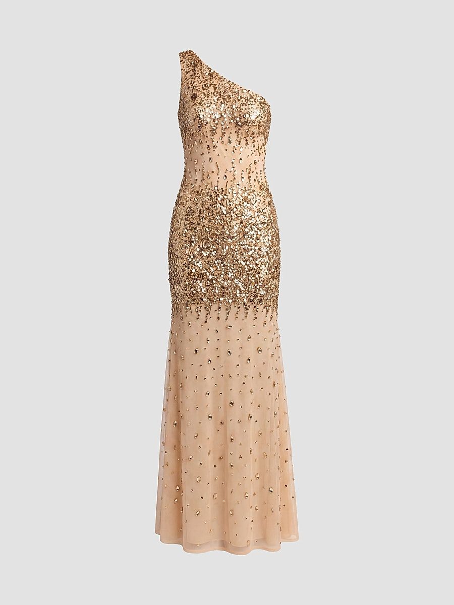 Mac Duggal Women's Beaded Mesh One-Shoulder Fitted Gown - Gold Beige - Size 14