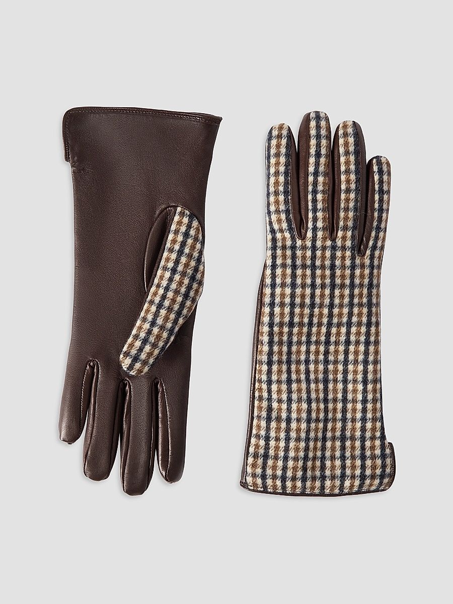 Women's Checked Virgin Wool Flannel and Leather Gloves - Brown - Size Medium
