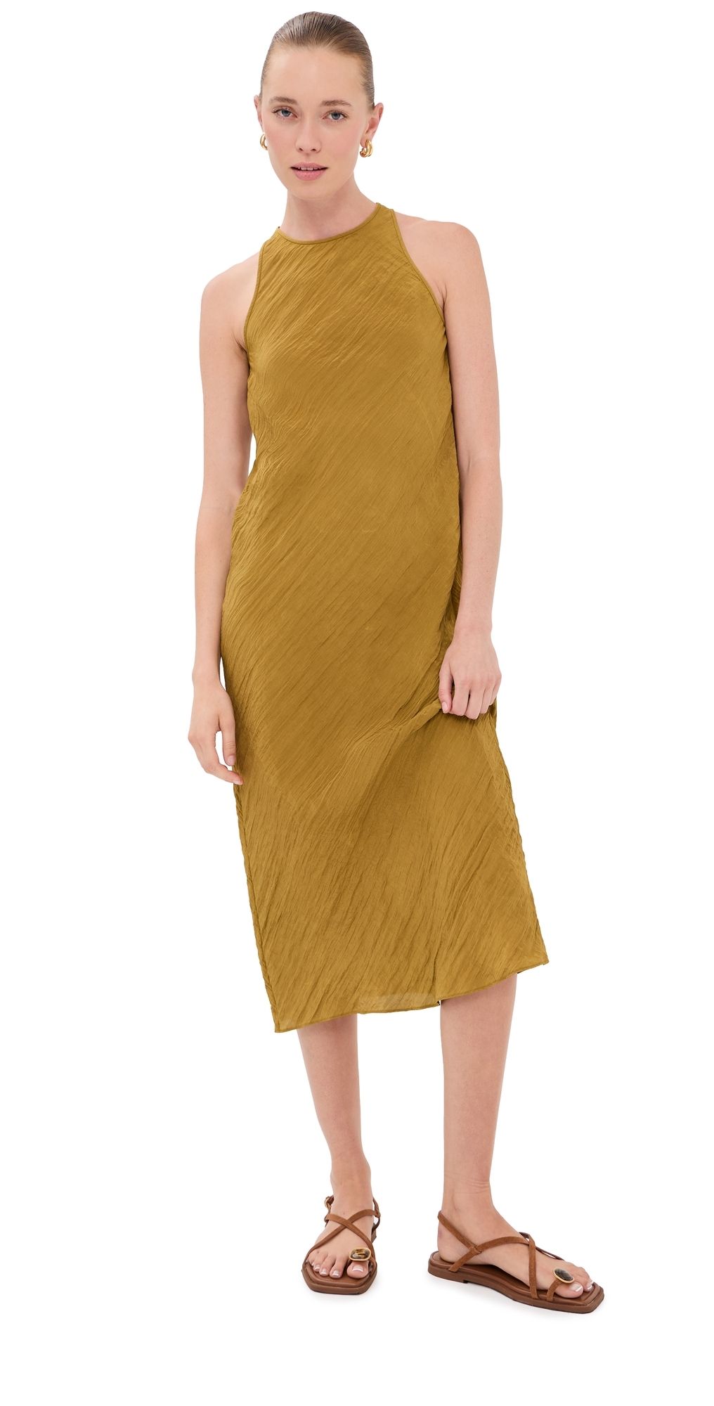 Tibi The Crinkle Slip Midi Bias Dress Mustard 10