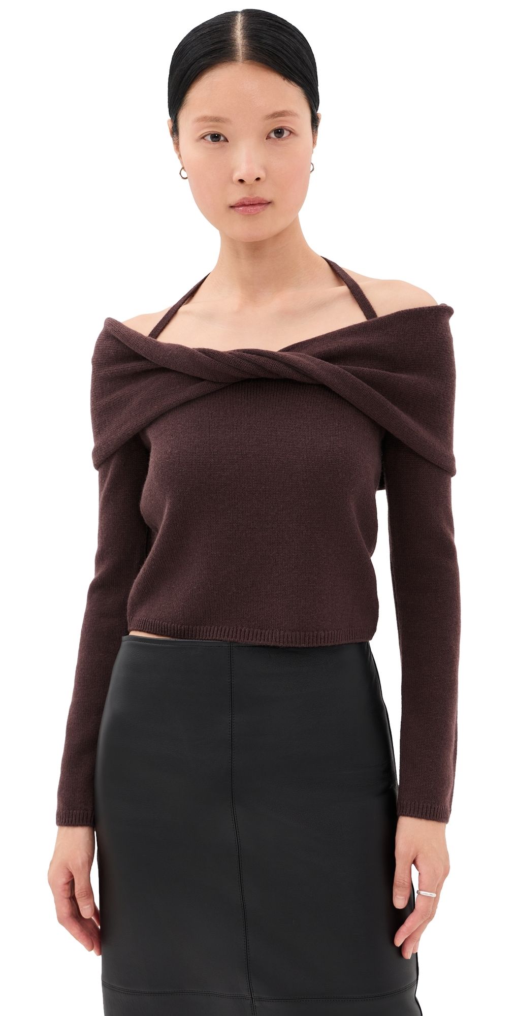 SIMKHAI Cambria Long Sleeve Off Shoulder Top Chocolate M