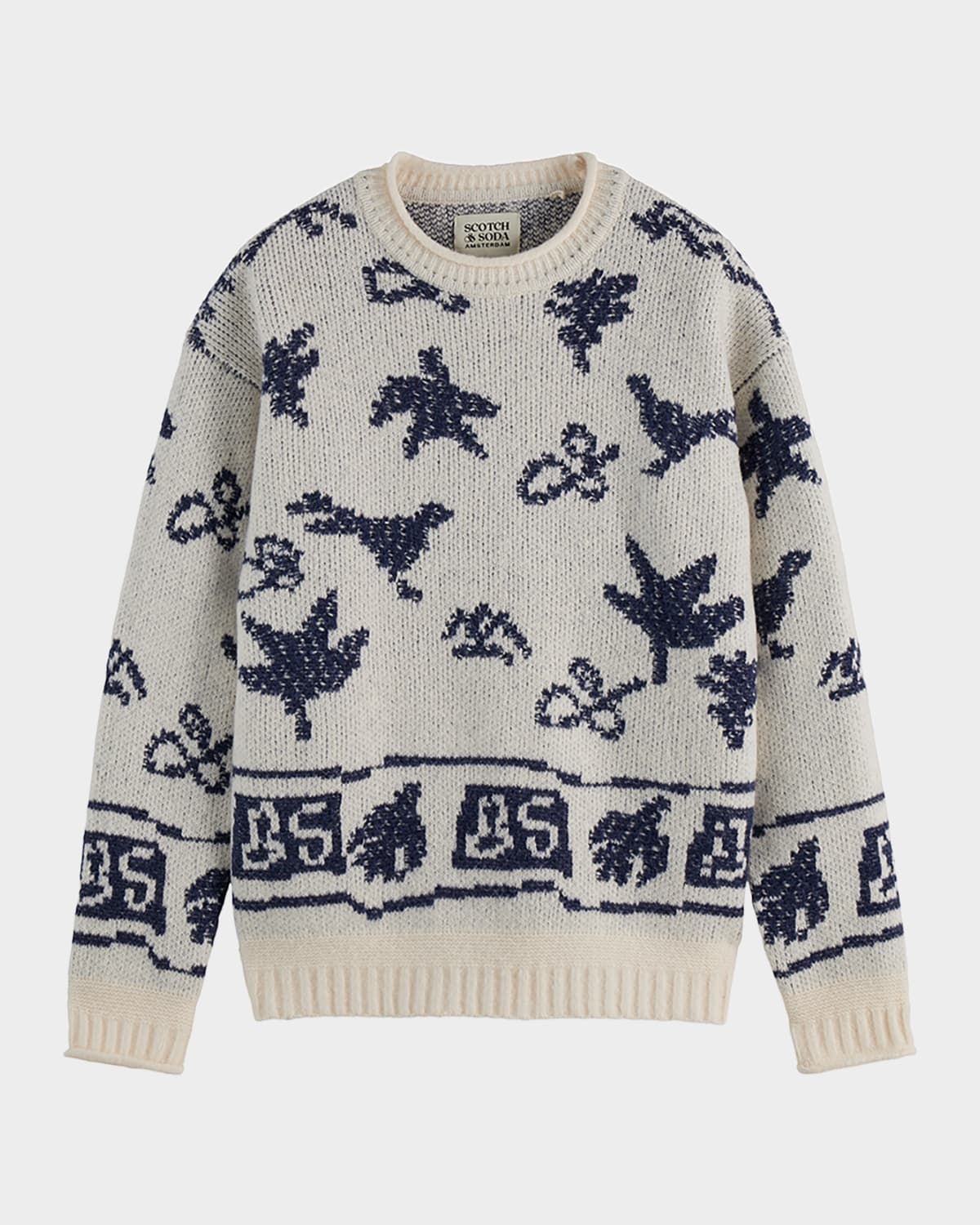 Men & apos;s Bird Jacquard Dropped Shoulder Crewneck Sweater