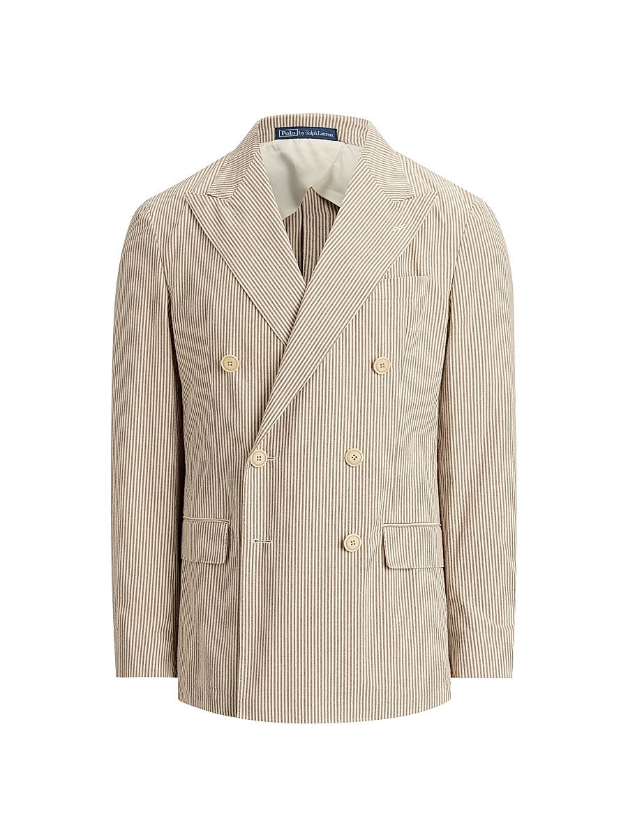 Men's Striped Seersucker Double-Breasted Blazer - Light Brown Vintage Cream - Size 48