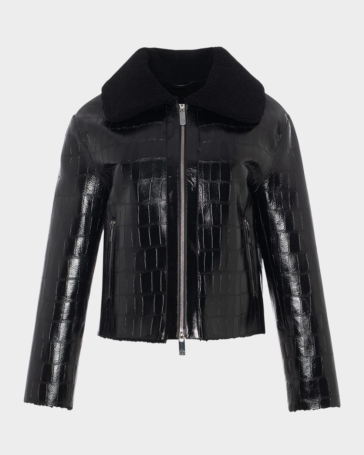 Shearling Lamb Croco Embossed Zip Jacket