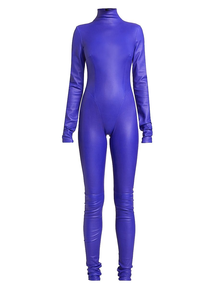 Women's Leather Mock Turtleneck Catsuit - Blue - Size Large
