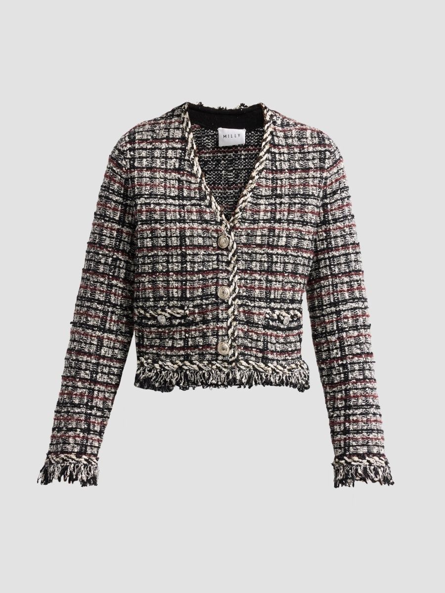 Milly Women's Daphne Fringe Tweed Jacket - Black White - Size Large