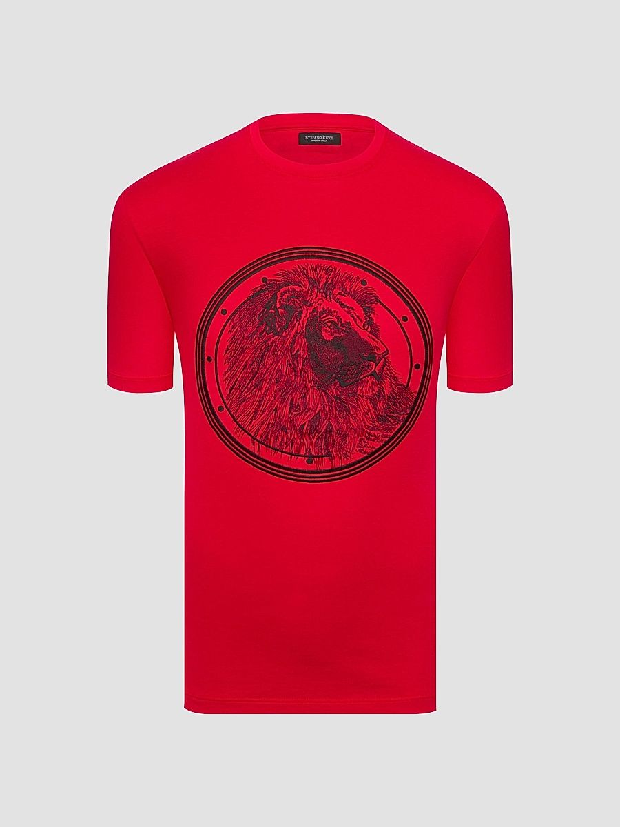 Men's Lion Embroidered Design T-Shirt - Spy Red - Size XXXXL