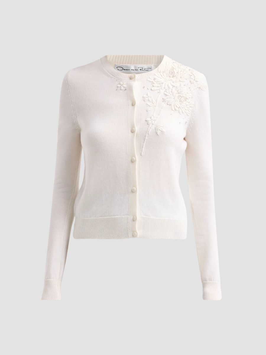 Oscar de la Renta Women's Threadwork Embroidered Crysanthemum Cardigan - Ivory - Size XS