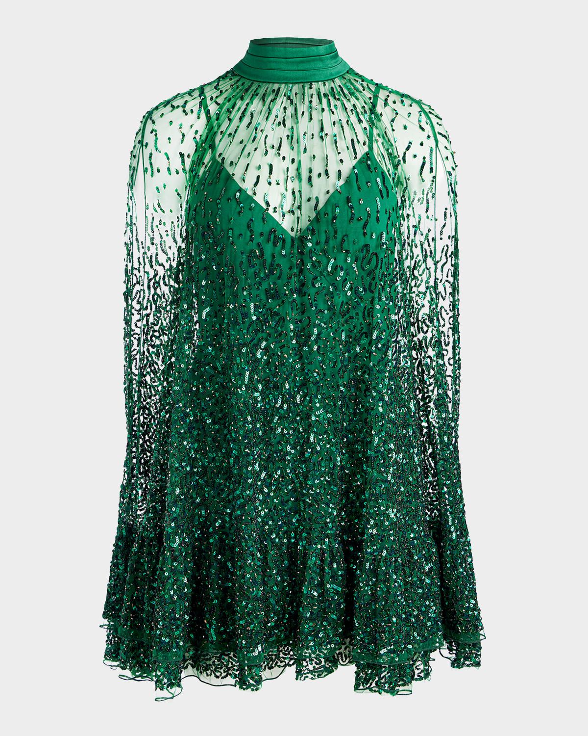 Zenon Embellished Tie-Neck Cape Mini Dress