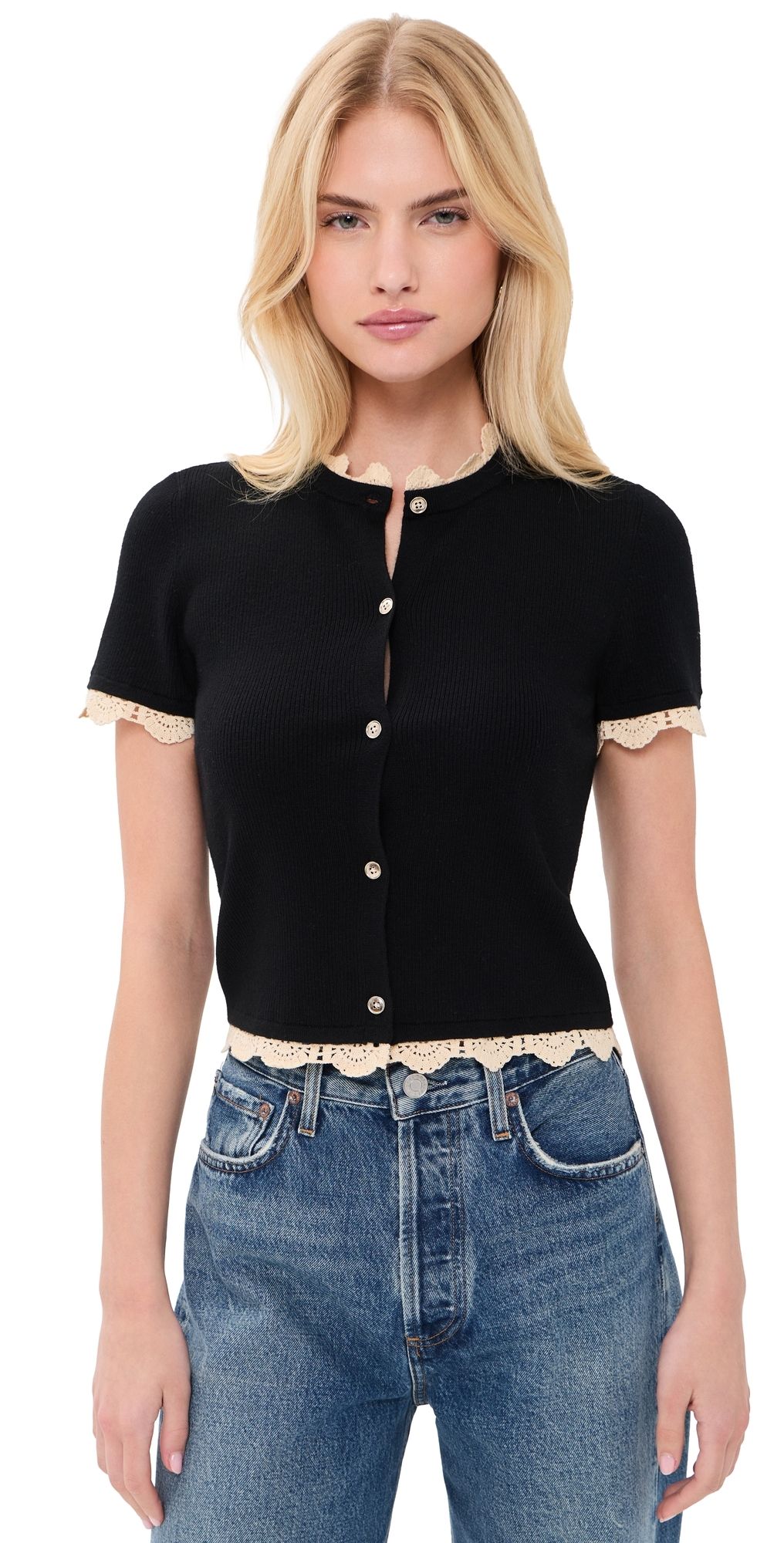 ALICE + OLIVIA Ciara Short Sleeve Cardigan with Trim Black/Natural L