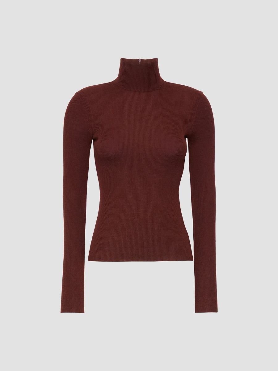 Max Mara Women's Wool Yarn Polo Neck Sweater - Brown Bordeaux - Size XL