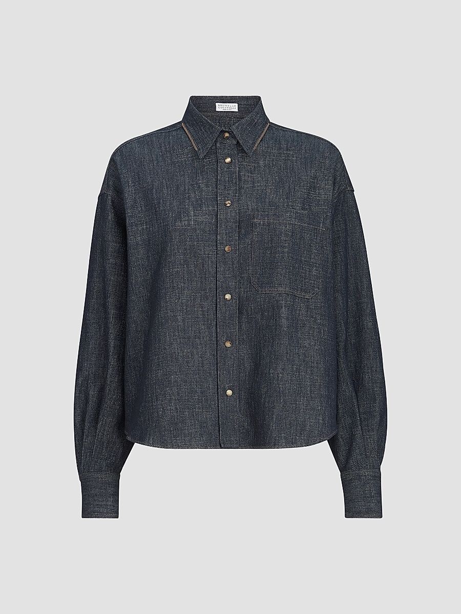 Women's Sparkling No-Fade Denim Shirt with Shiny Collar - Denim - Size XXXL