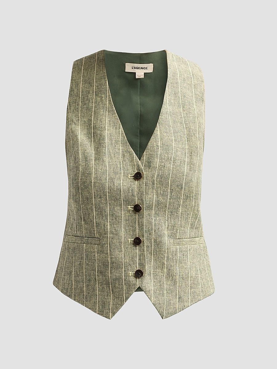Women's Drina Pinstripe Linen-Blend Vest - Olive Green Pinstripe - Size Small