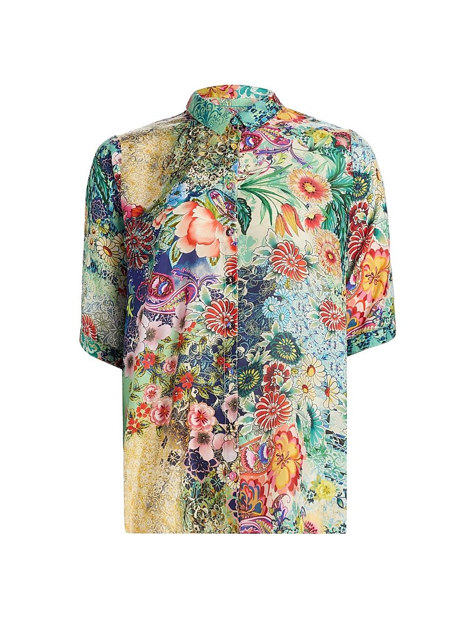Women's Filaree Silk Button-Front Blouse - Carlina Scarf - Size XS
