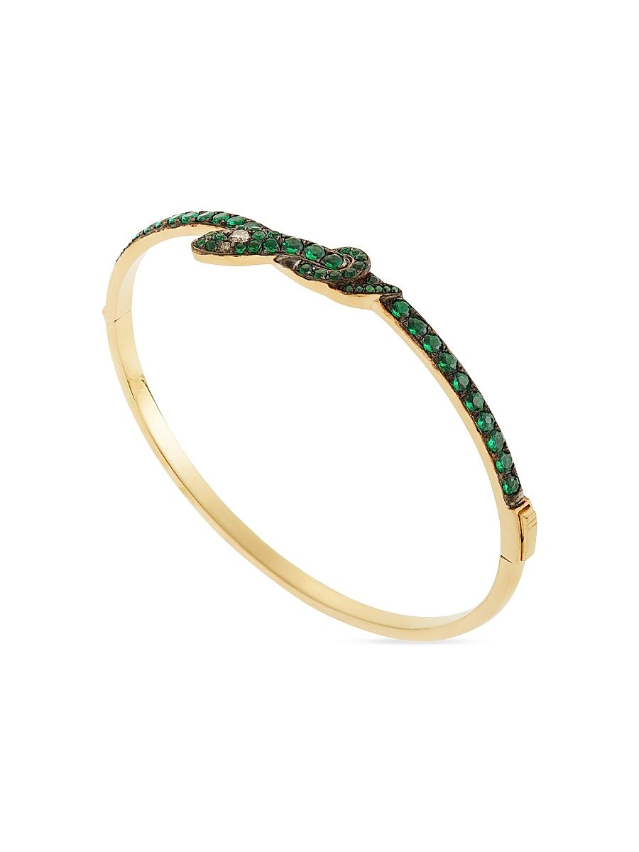 Women's Snakes 18K Yellow Gold, Emerald & 0.10 TCW Diamond Bangle - Emerald