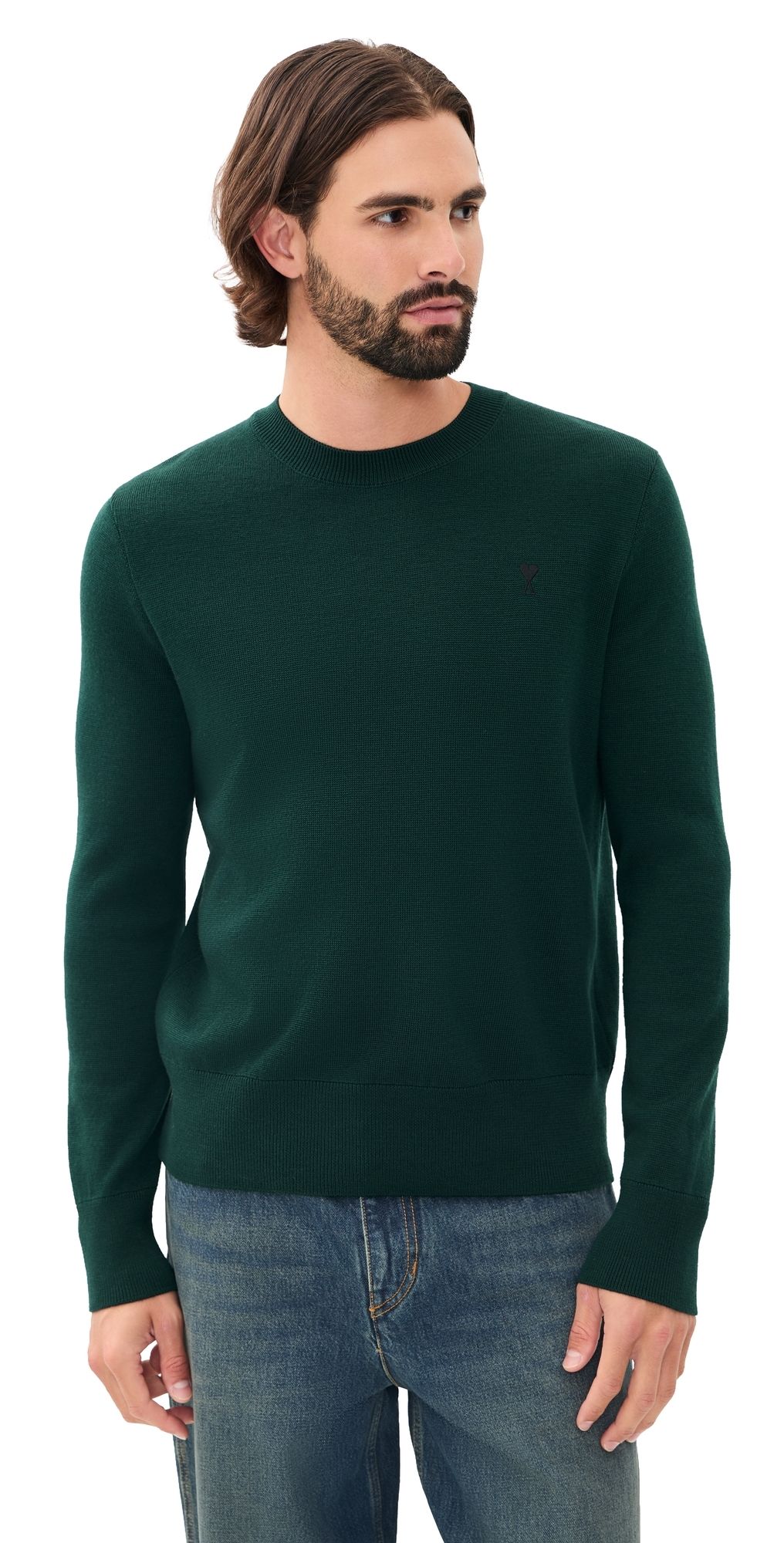 AMI Quota Crew Neck Sweater VERT BOUTEILLE/NOIR M