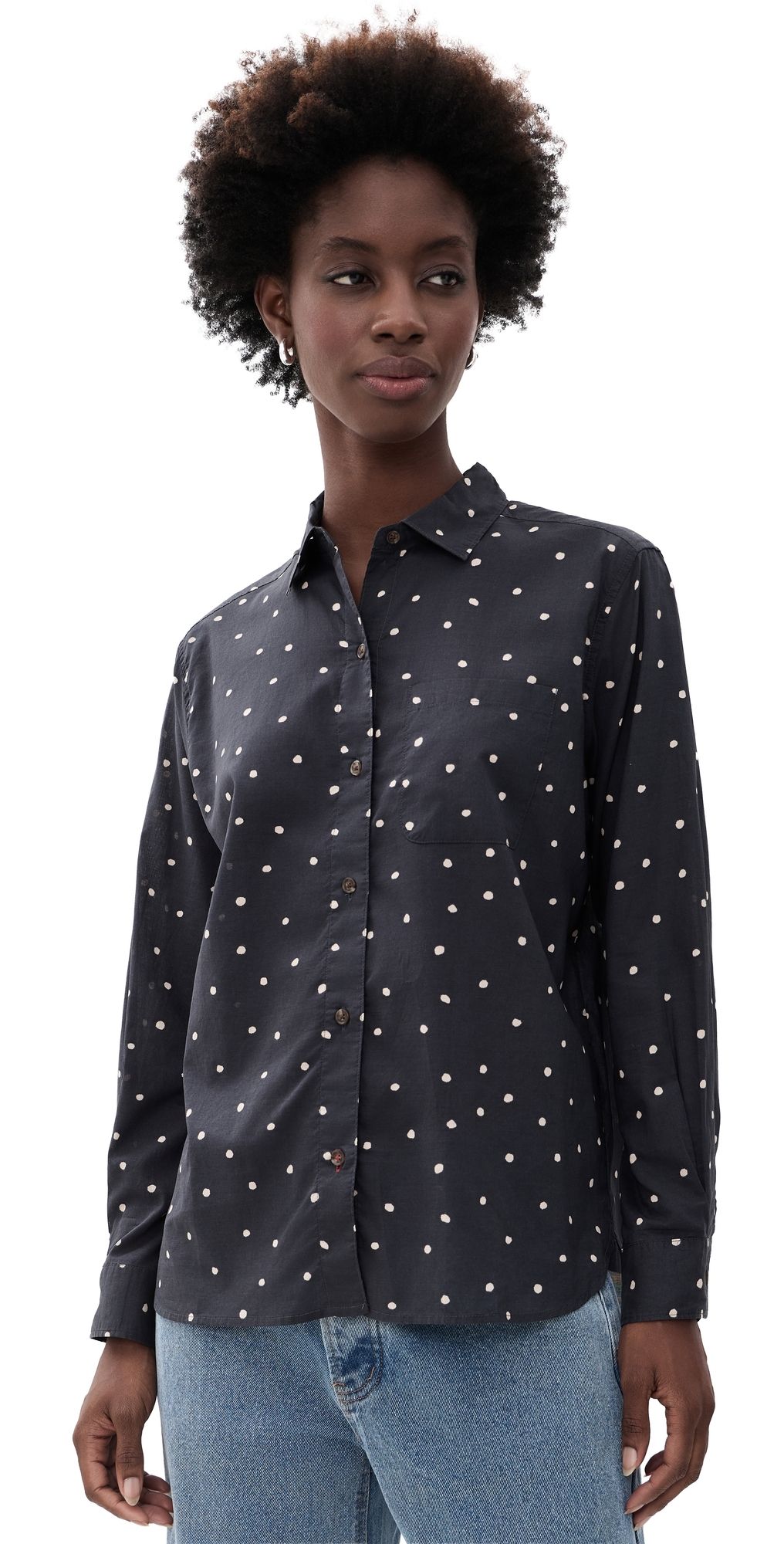 Marine Layer Jane Relaxed Button Down Shirt Navy Polka Dot XL