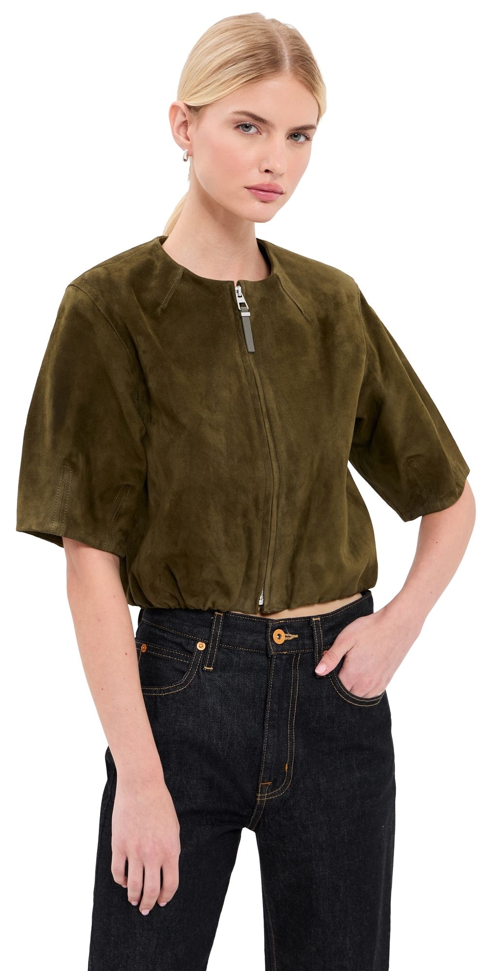 SIMKHAI Austyn Short Sleeve Zip Up Jacket Sea Turtle S