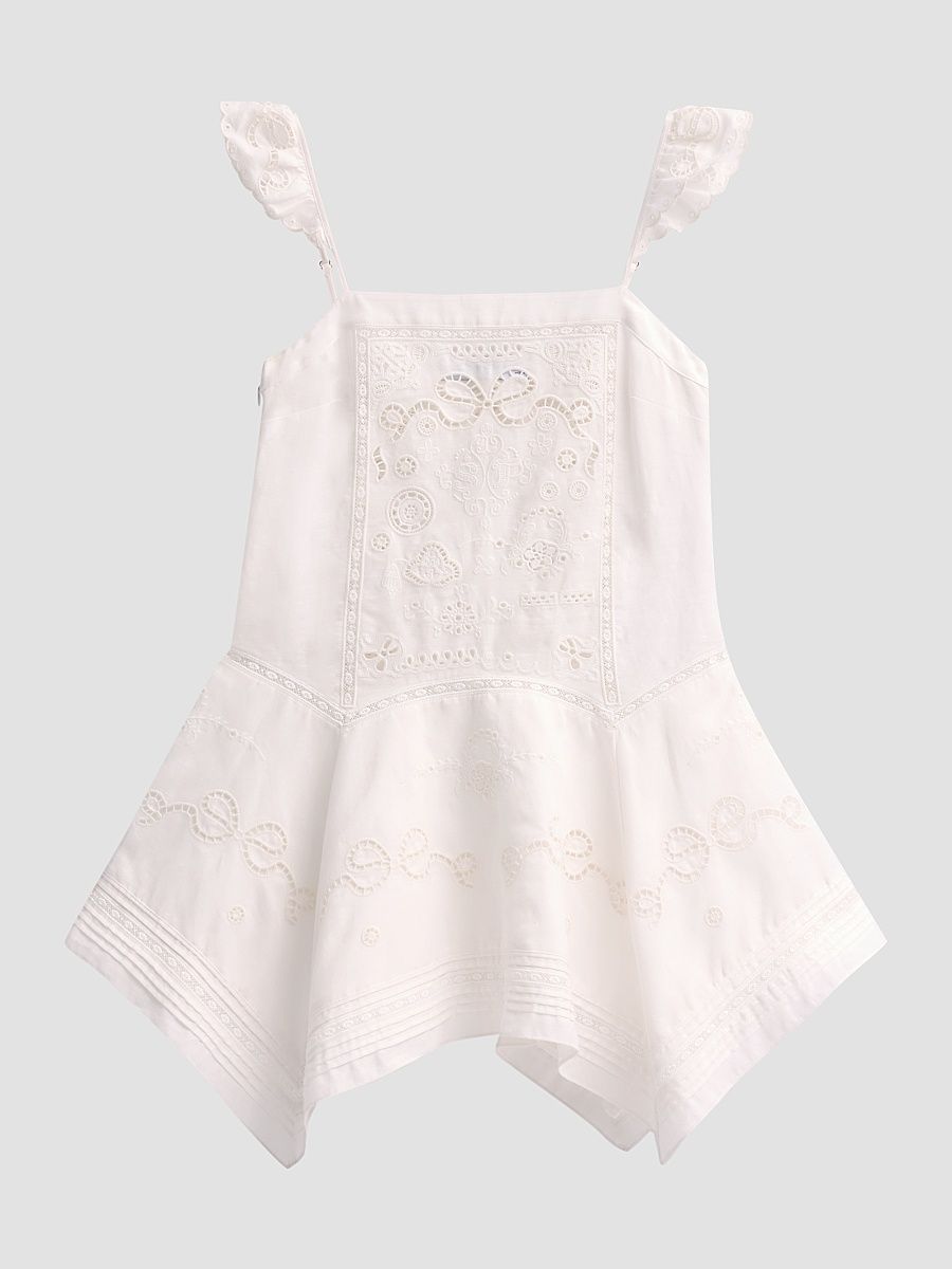 Women's Embroidered Linen-Cotton Handkerchief Mini Dress - White - Size 12
